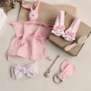 cute newborn gift box set baby cotton blanket teething bib socks bandeau rattle milestone wooden toy six piece set
