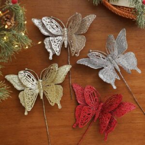 glitter christmas tree butterfly ornaments with stem artificial hollow butterfly ornaments decoration for christmas tree