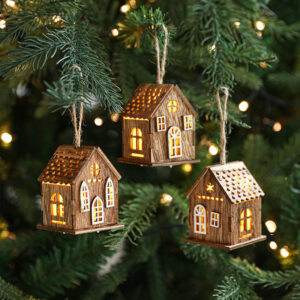 Christmas Decoration Ornaments led wooden christmas tree hanging ornaments wood house pendants luminous wood house christmas ornaments for xmas party