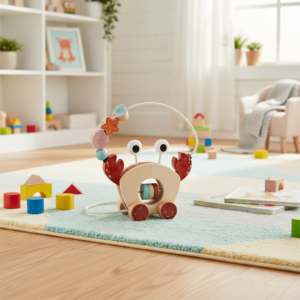 eco friendly montessori wooden crab cart with bead mazes: bpa free multi functional preschool learning toy.