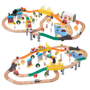 wooden train track set with double deck bridge: deluxe montessori educational toy for ages 2 7, 1:12 scale.